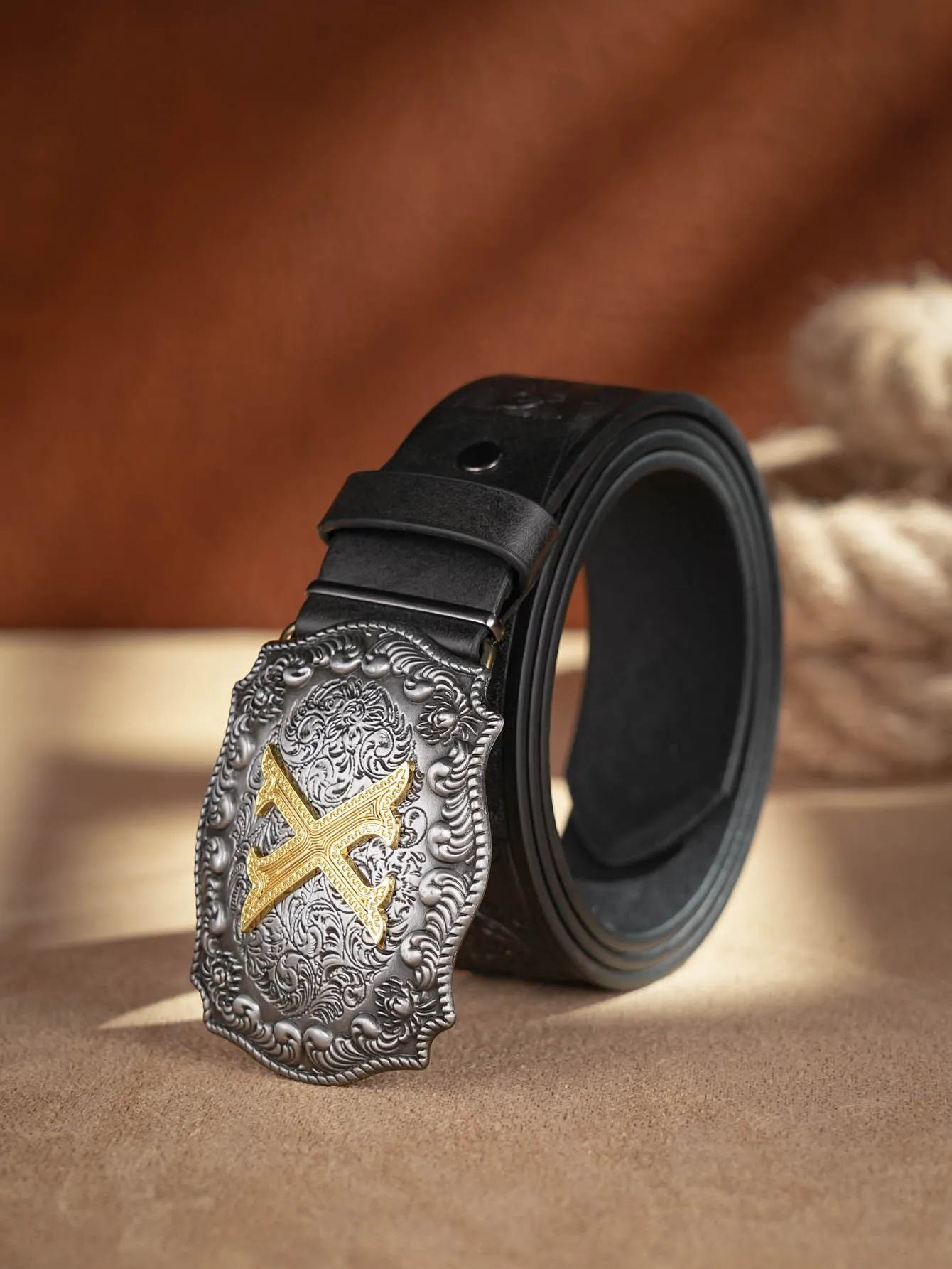 Western Cowboy PU-Ledergürtel – Herren-Hüftgurt, Stier-Dekoration, Blumenmuster, graviert für Jeans – Detail 38