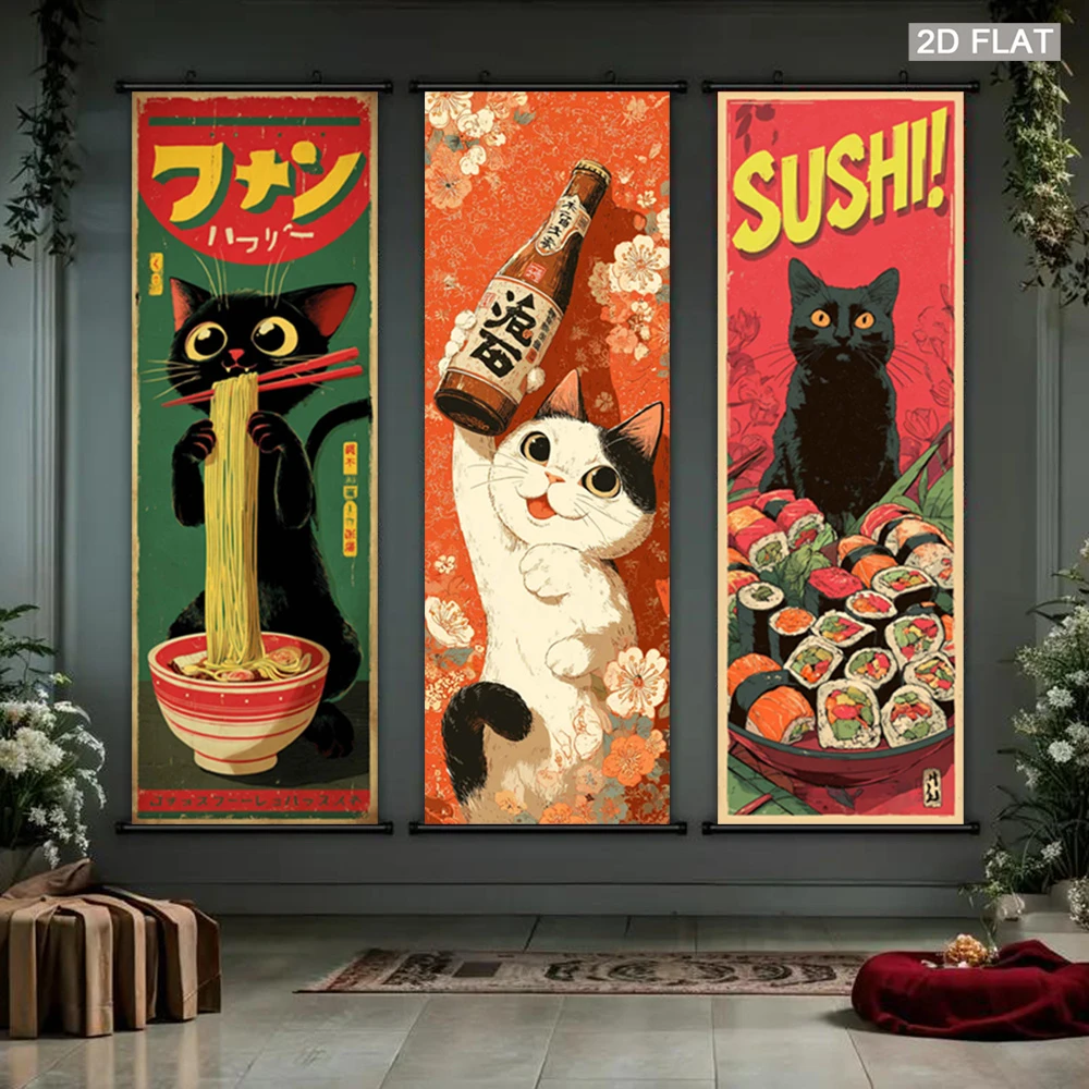 VIKAMA Retro Japanese Cat Wall Scroll Tapestry, Whimsical Ramen Sushi Ukiyo-e Art, Fabric Poster, Dining Room Wall Hanging Decor