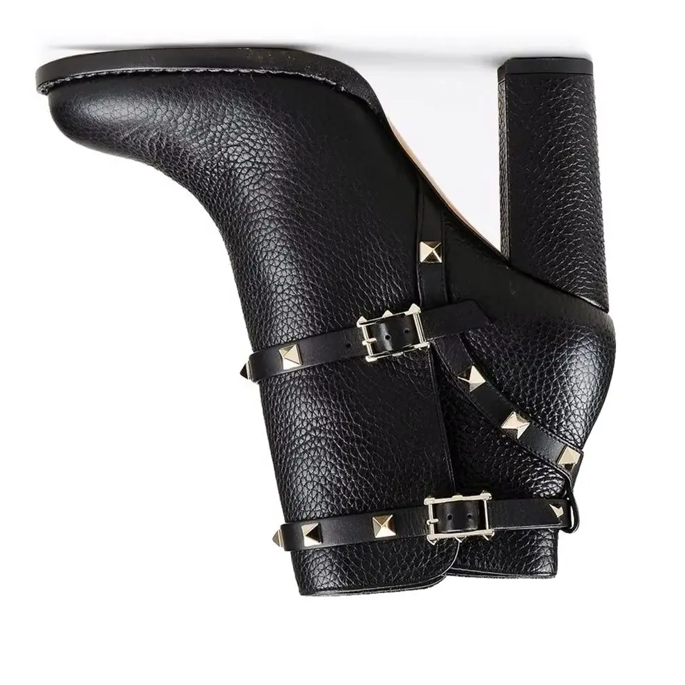 

Genuine Leather Rivet Ankle Boots Women Fashion Chunky Heel Round Toe Short Boots Buckle Winter Black Grey High Heel Boots