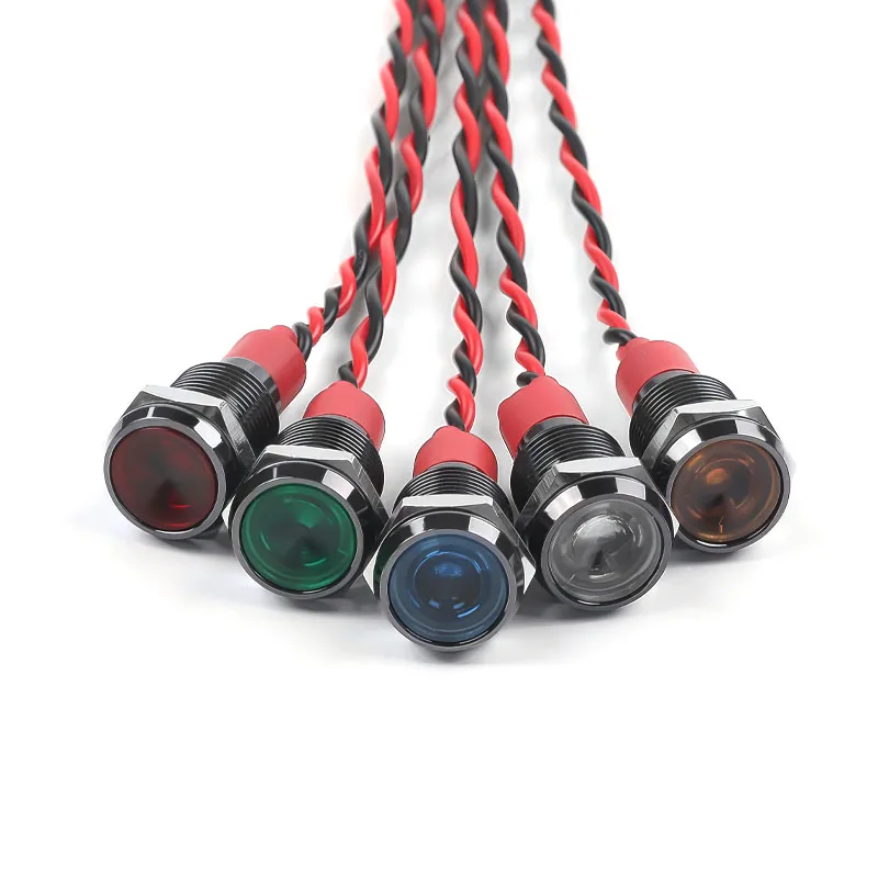10MM Metal Indicator Light LED Warning Signal Lamp Pilot With Wire Black Shell 3V 5V 6V 12V 24V 220V Red Orange Blue Green White