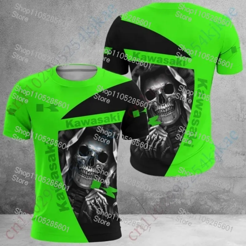Kawasaki Skull Pattern Casual Short-sleeve T-shirt Motorcycle Racing Culture Print Top Daily Trendy Sportswear view 3