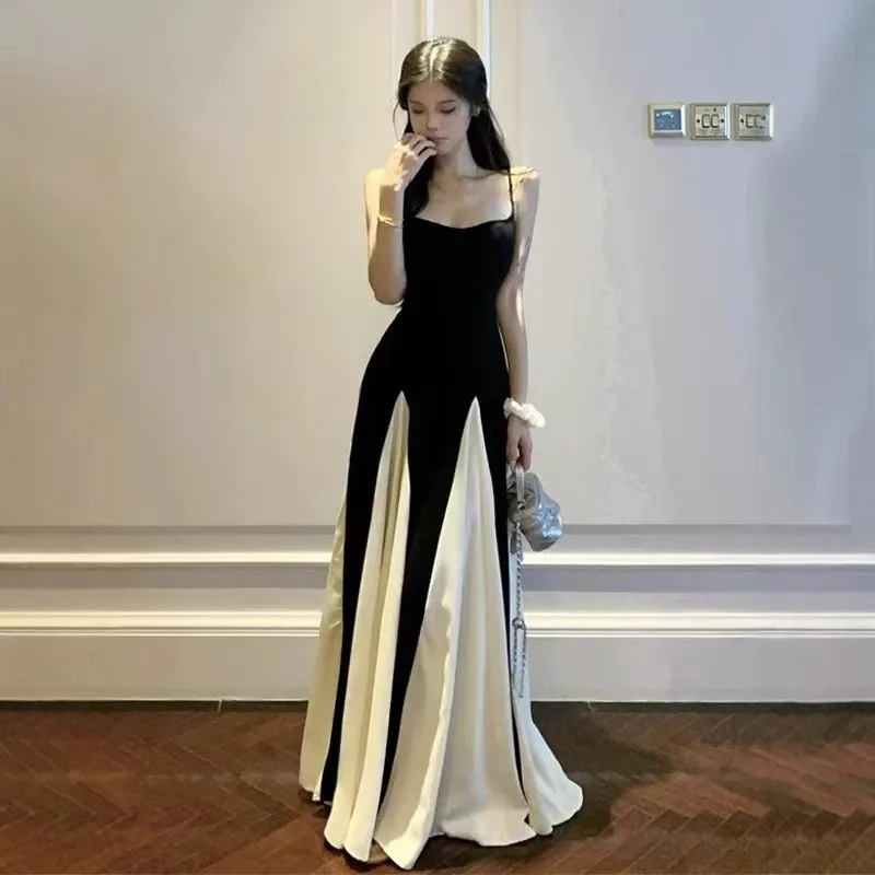 Dames zomerontwerp gevoel taille a-woord rok grote slinger vloer lange jurk Franse contrasterende kleur splitsen jarreteljurk