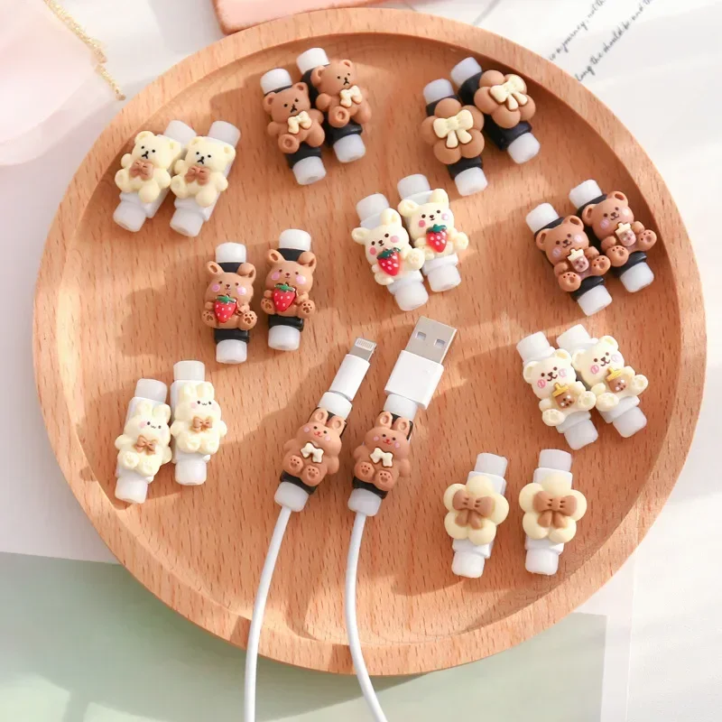 2PCS Data Line Protective Sleeve Durable Wear-resistant Breathable Cable Protector Cover Kawaii Bear Rabbit Charger Cord Winder