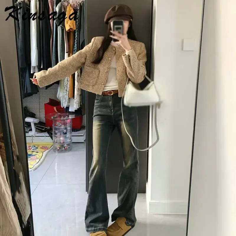 Kinsaga Cement Gray High Waist Boot Cut Jeans Women Korea Fashion Pear Shape Mopping Flare Denim Pants Vintage Wide Leg Trousers