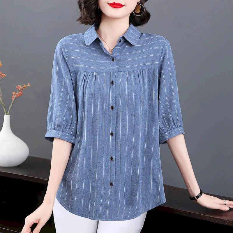 

100% Cotton Shirts for Women Vintage Half Sleeve Loose Casual Korean Style Polo-neck Single Breasted One Piece Blouse Women Tops