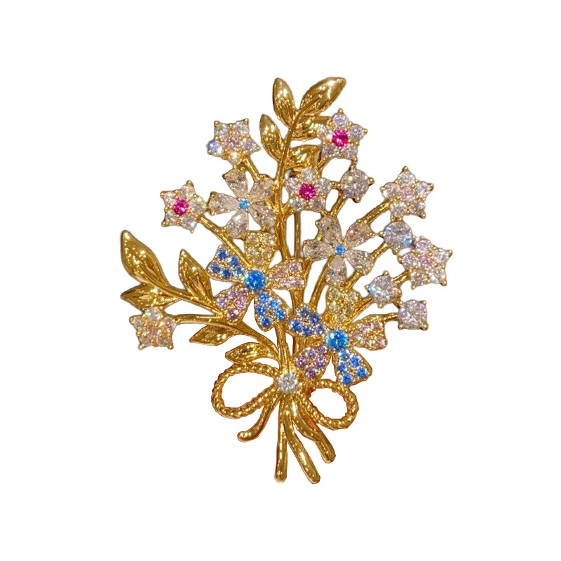 Bouquet Zircon Brooches for Women French Style Handheld Flower Enamel Hollow Label Pins Luxury Sparking Brooch Pin Gift