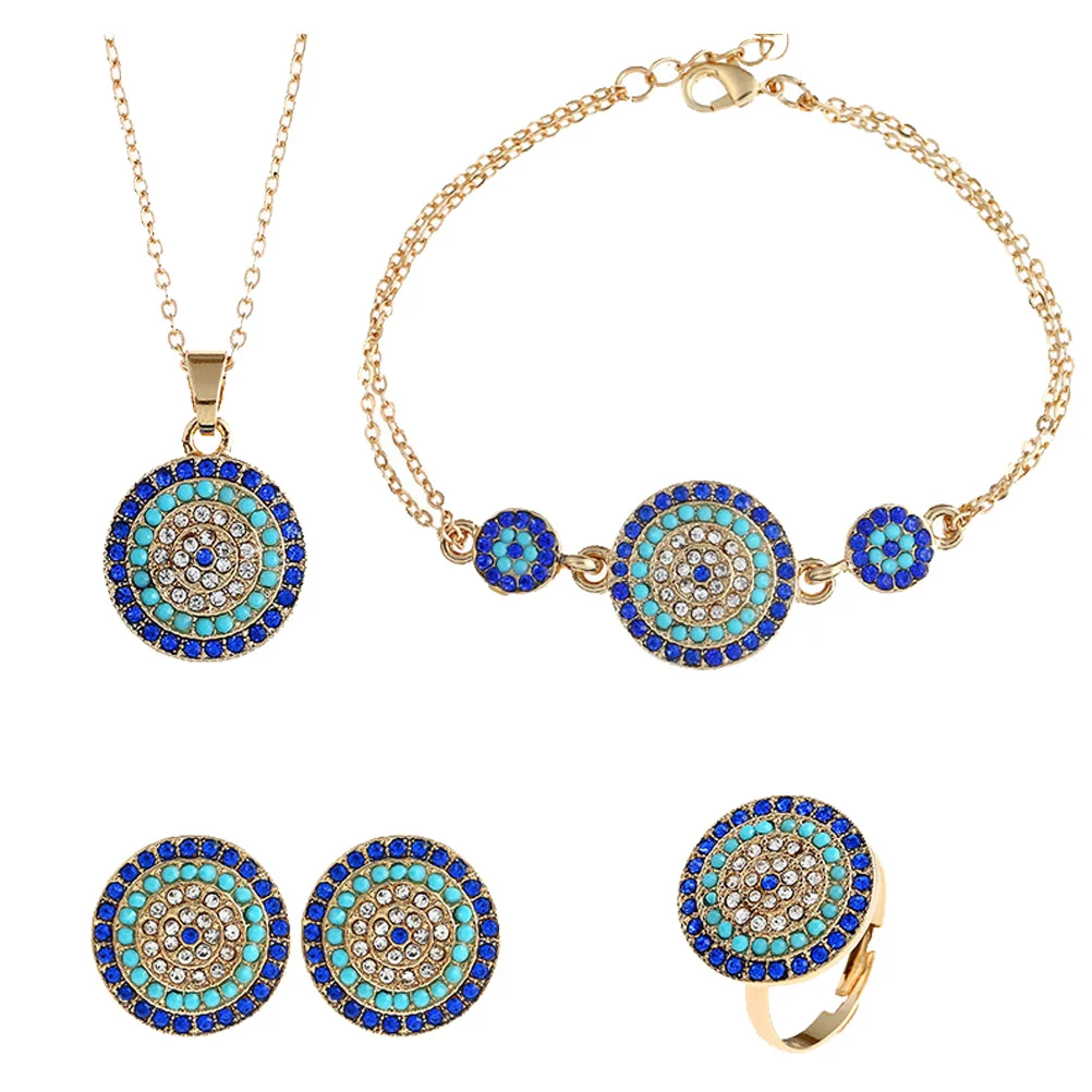 

1 set Turkish Blue Eyes Jewelry Set Necklace Ring Bracelet Hand Chain Alloy Durable Beautiful Design Lady Gift