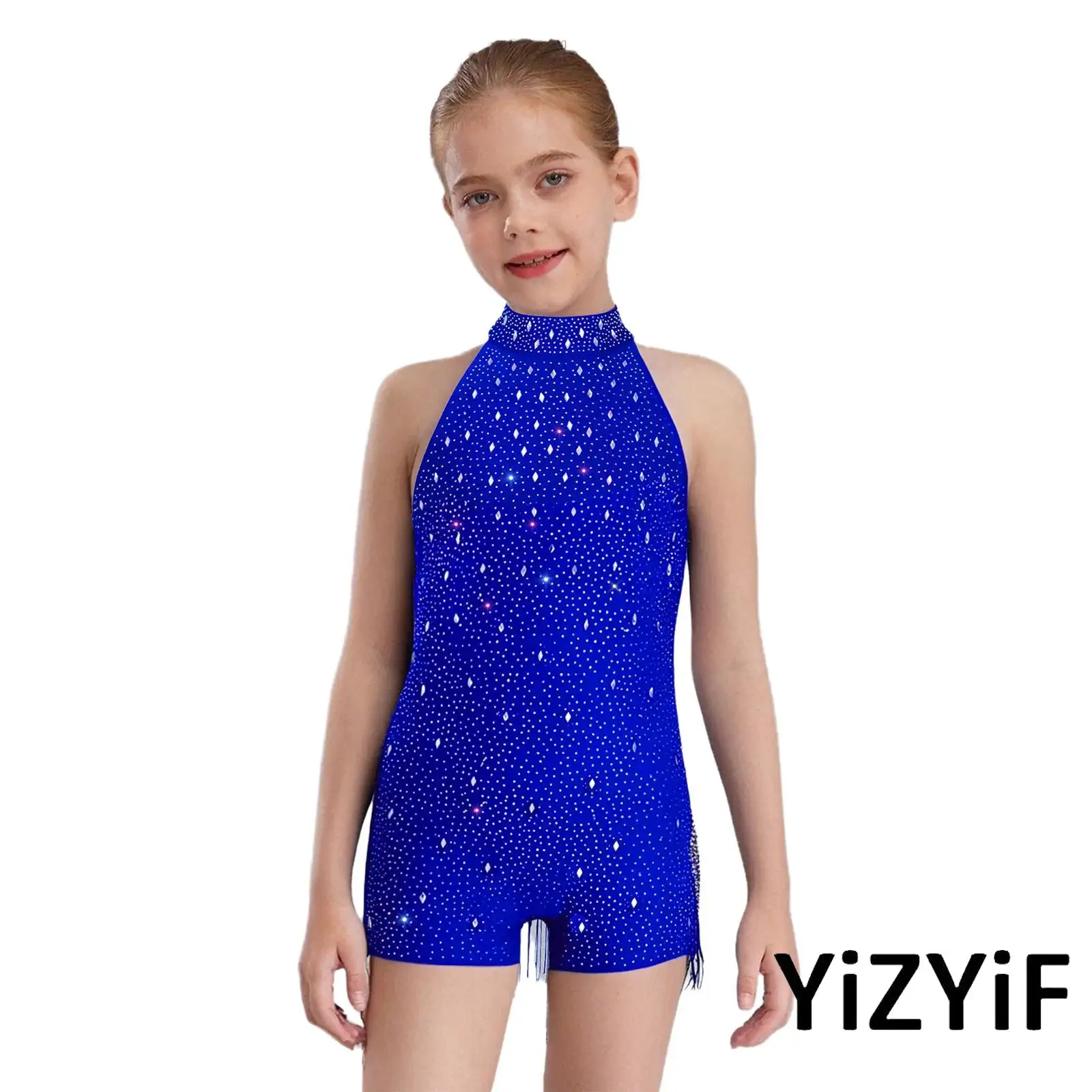 

Kids Girls Latin Jazz Dance Costume Halter Sleeveless Backless Shiny Rhinestones Bodysuit Gymnastics Jumpsuit Lyrical Dancewear