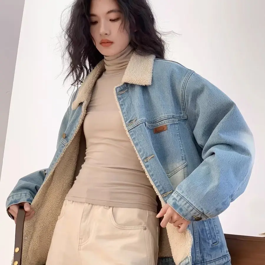 

Джинсовые пальто для девочек, меховые плюшевые женские осенне-зимние быстросохнущие облегающие куртки в стиле Харадзюку, трендовая городская социальная сборная куртка