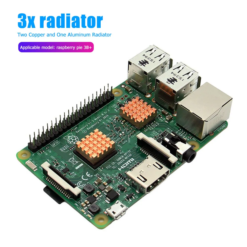 3pcs Copper Heat Sink Motherboard CPU Memory Chip Passive Cooling Pad Heat Dissipation Radiator for Raspberry Pi 3B+ 3B 2B