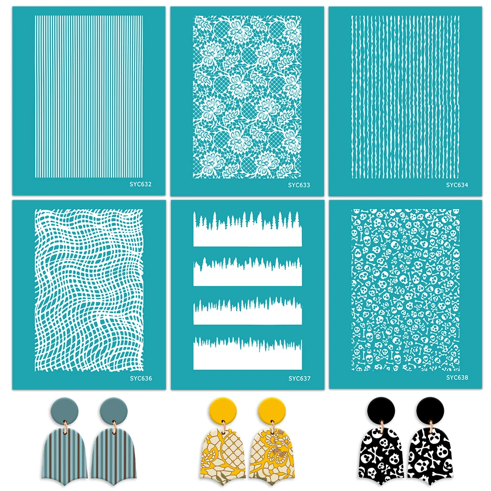 Polymer Clay Silk Screen Stencils, Reusable Lace/Stripe/Skull Print Templates, DIY Earring Making Tools for Minimalist Gothic - view 2