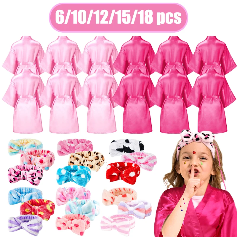 

6-18Pcs Spa Party Robes for Girls Kids Birthday Party Favors Spa Girls Kimino Satin Robe Slumber Pajamas Party Gowns Kid Robes