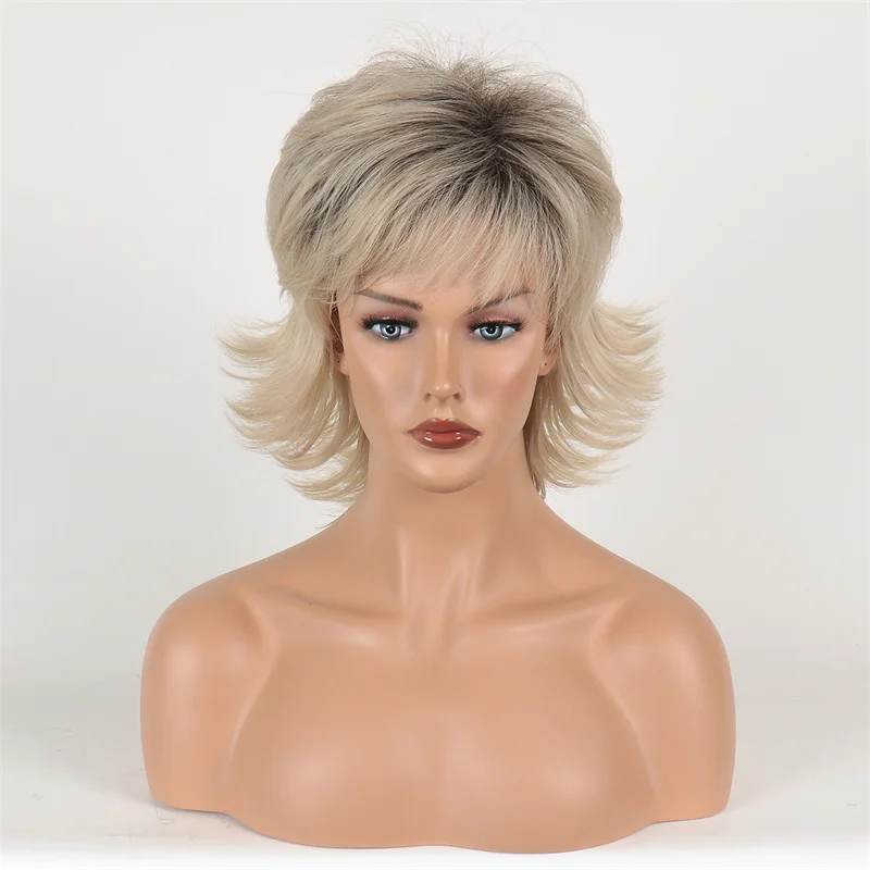 

HoneyYX Short Natural Wigs with Bangs Mommy Hair Daily Use Ombre Curly Synthetic Hair Costume Party Wig for Women