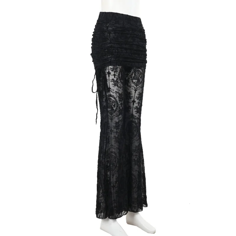 Pantalon évasé en dentelle transparente taille haute pour femme Y2K Punk noir pantalon à jambes larges coupe ajustée pantalon Long laçage latéral gothique Streetwear