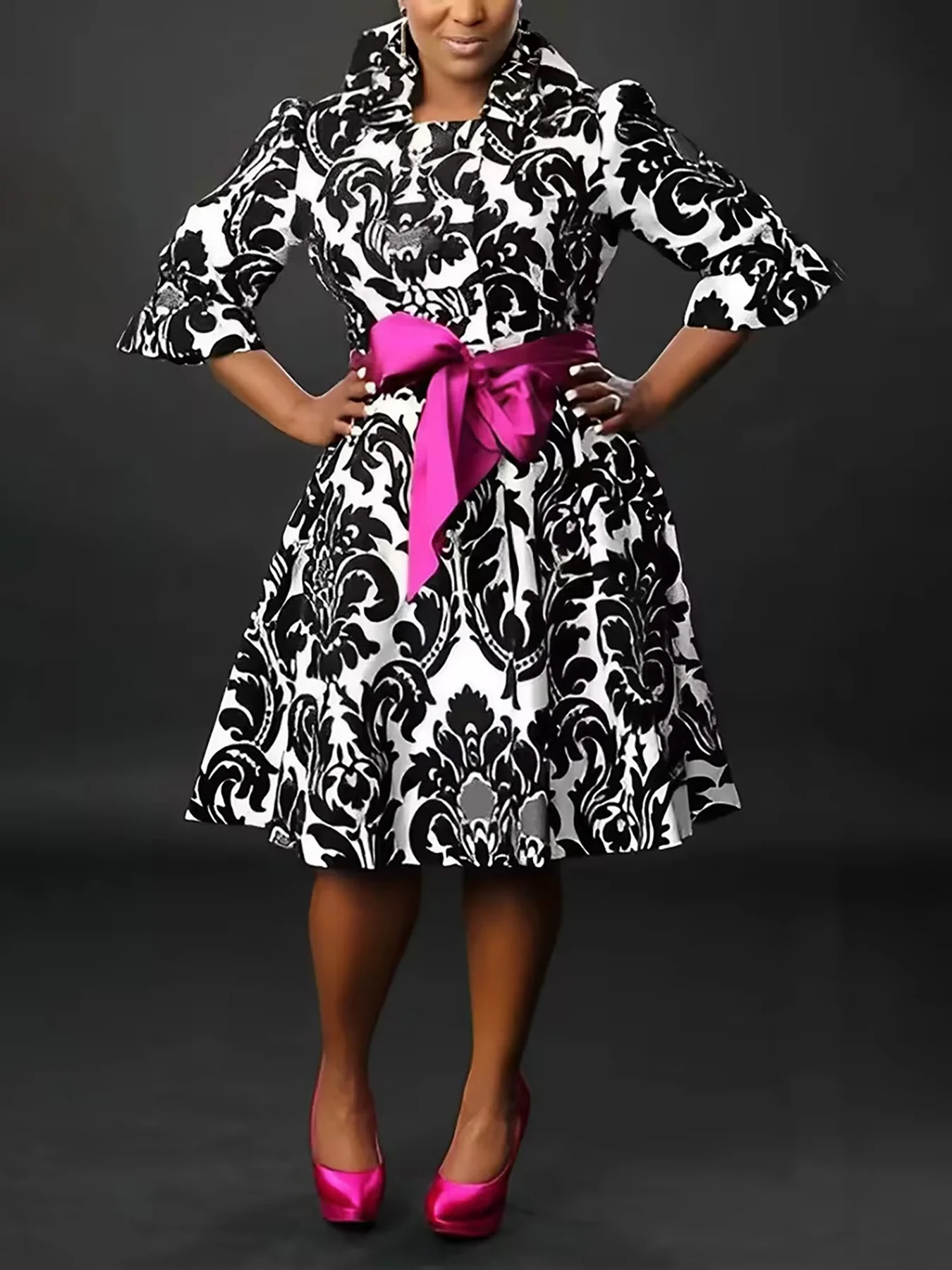 Women Plus Size Damask Print Midi Dress 3/4 Flare Sleeve Stand Collar A Line Church Dress Fuchsia Sash Bow Formal Party Dress