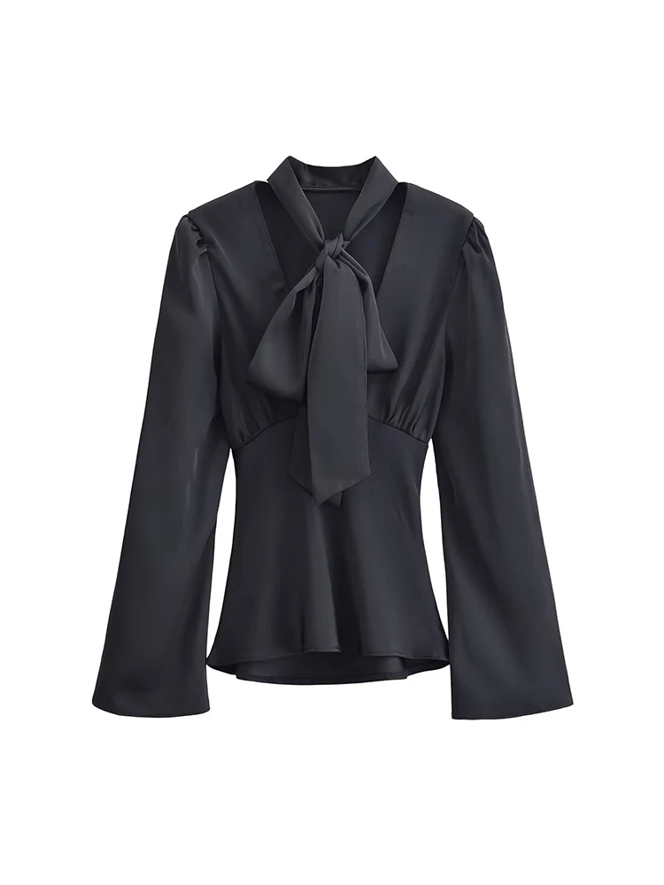 European style new women's fashion versatile elegant solid color deep V-neck satin slim-fit long-sleeved top