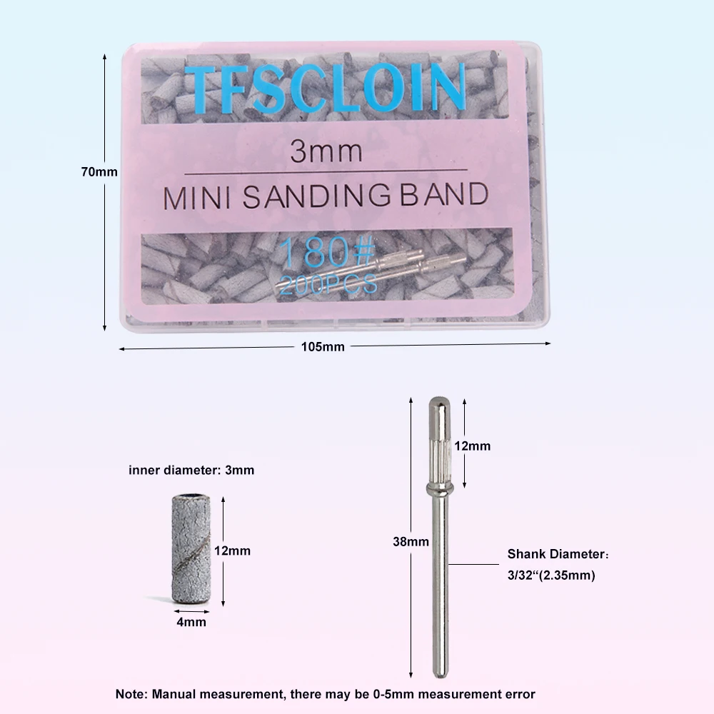 100/200 Stück 3 mm Nagelschleifbänder-Set mit Dorn – Schleifpapier mit Körnung 80/120/180/240 für Nagelbohrer, Maniküre, Pediküre, Salon – Detail 5