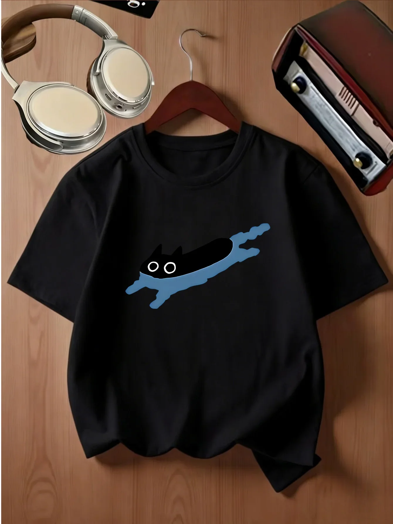 Funny Floating Black Cat Simple Animal Print Kids T Shirt Boys Girls Family Matching Parent Child Summer Crew Neck Casual Tee