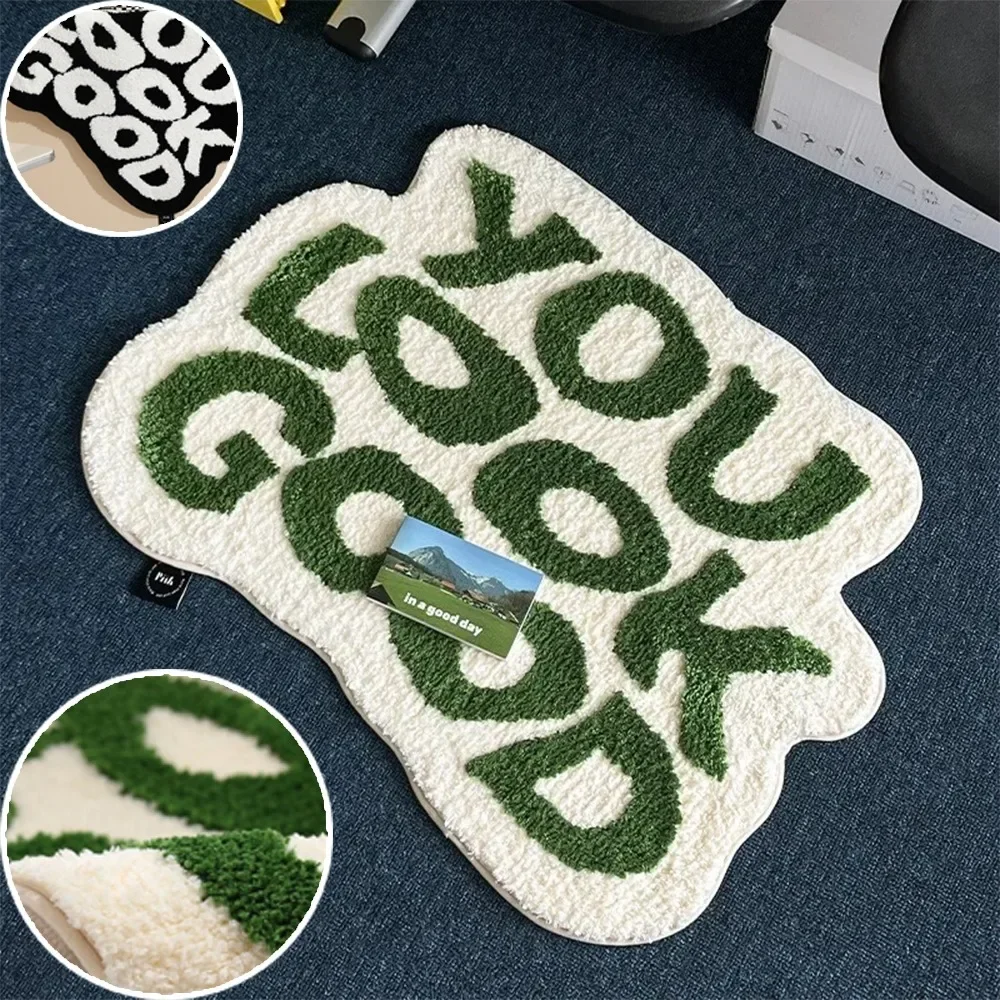 

Fashion Green Washroom Floor Mat Bed Bedroom Room Blanket Absorbent Non-slip Carpets Letters Imitation Cashmere Home Decorations