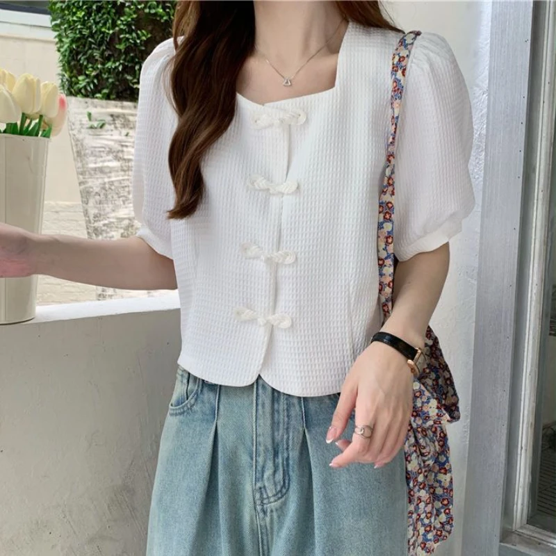 Crop Tops Shirts Women Vintage Chic Buttons Chinese Style Square Collar Summer Fashion Tender Girlish Streetwear Simple Students