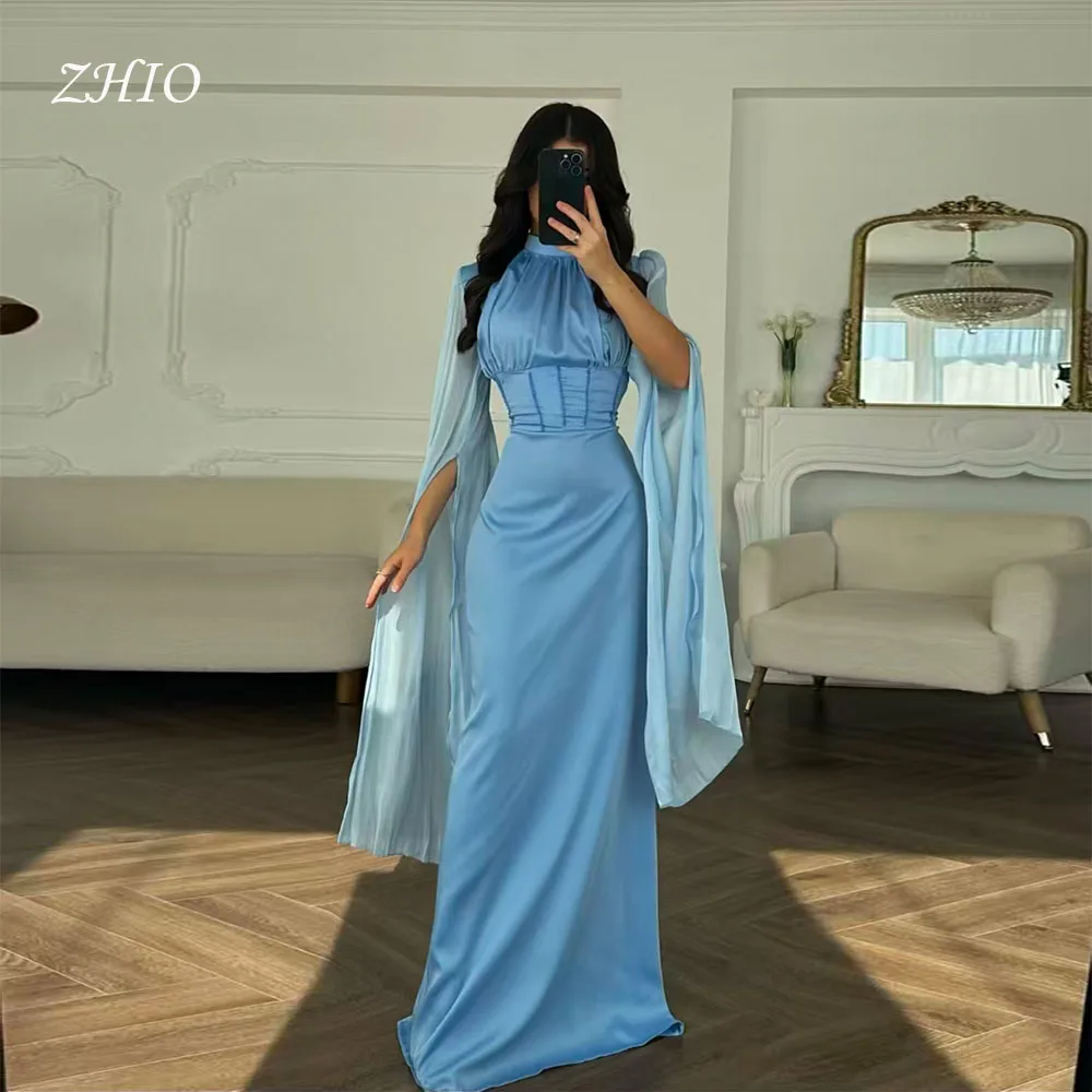 

ZHIO Elegant Blue Satin Evening Dress High Neck Long Jacket Sleeves Formal Occasion Party Prom Gown Custom فساتين سهرة