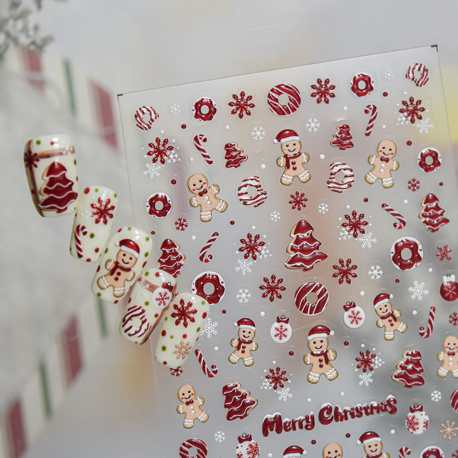 Winter Christmas Nail Sticker Cute Gingerbread Man Cane Candy Snowflake Pattern Nails Accessories Self Adhesive 5D Nail Stickers