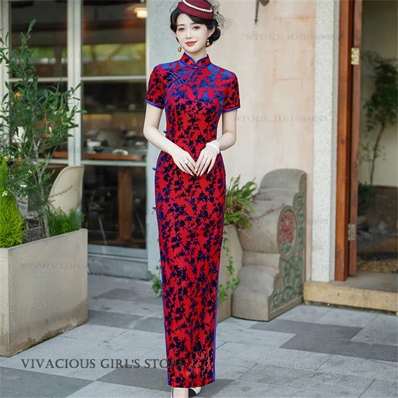 

Винтажное классическое ципао с воротником-стойкой, новое китайское платье-ципао из улучшенного бархата, большие размеры, элегантное сексуальное китайское платье, Vestidos