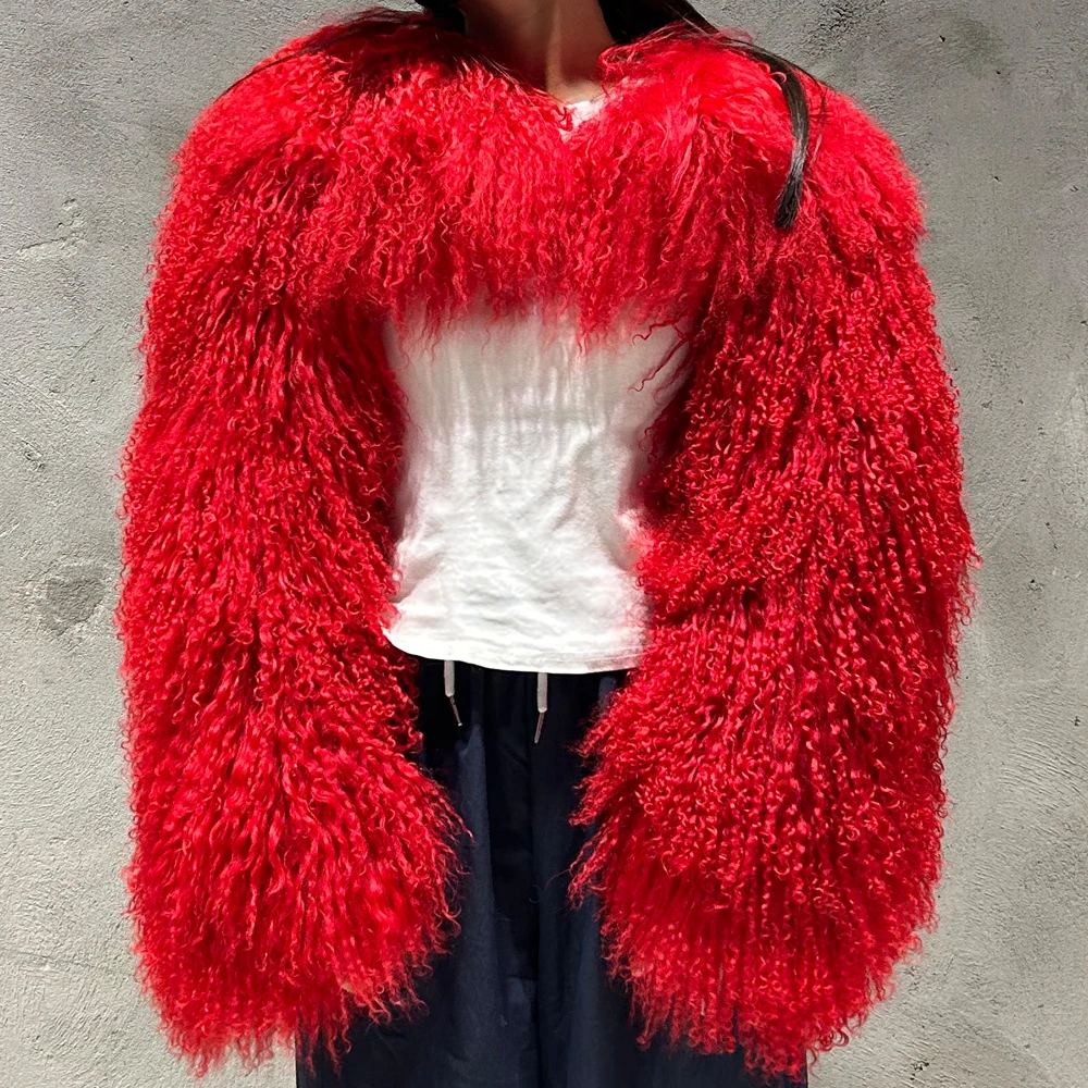 Crop Top Mongolian Fur Cloth Real Sheep Fur Coat 2024 Winter Red Mongolia Fur Coats