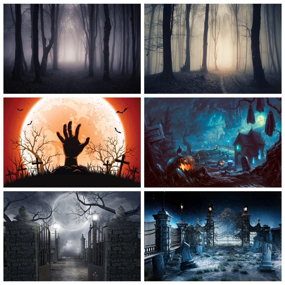 Misty Dark Forest Horror Cemetery Halloween Backdrop Grove Mystery Ghost Themed Kids Adults Portrait Photography Background