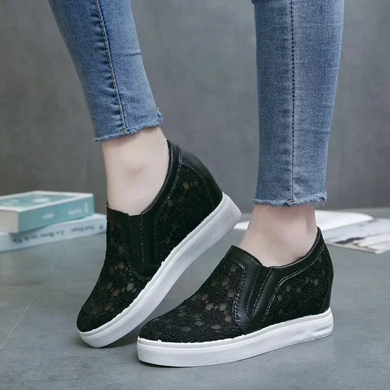 2024Lace Women Shoes Spring Summer Wedges For Black White Breathable Flower Sneakers Loafers
