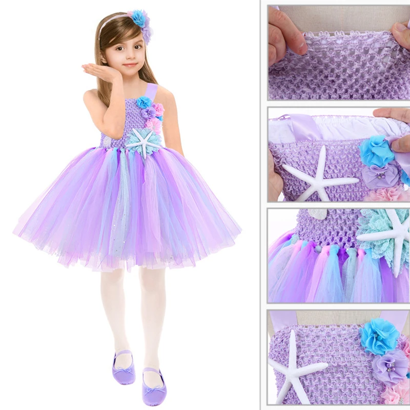 

Kids Girls Princess Dresses Cosplay Little Mermaid Children Fancy Dress Up Party Birthday Tutu Costume Outfit Headband