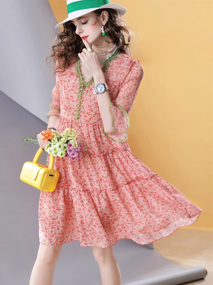 100% Silk Floral Dress Women V Neck A Line Long Sleeve Trumpet Cuff Summer Boho Midi Dress Elegant Vintage Sundress - Image 3