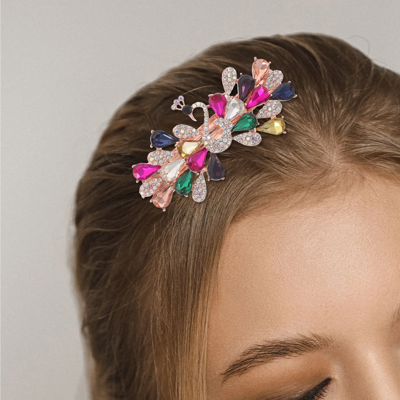 

Sparkly Peacock Hair Clip Vintage Rhinestones Floral Barrette Bridal Prom Parties Elegant Women Hair Accessories Non Slip Metal