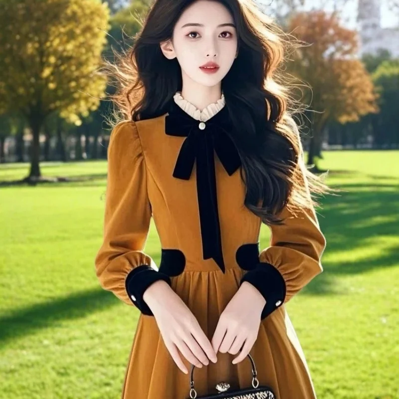 2025 가을 겨울 신상 루즈핏 벨벳 고급 드레스 프랑스 귀족 기질 롱 스커트 키높이/키짧은 여성용