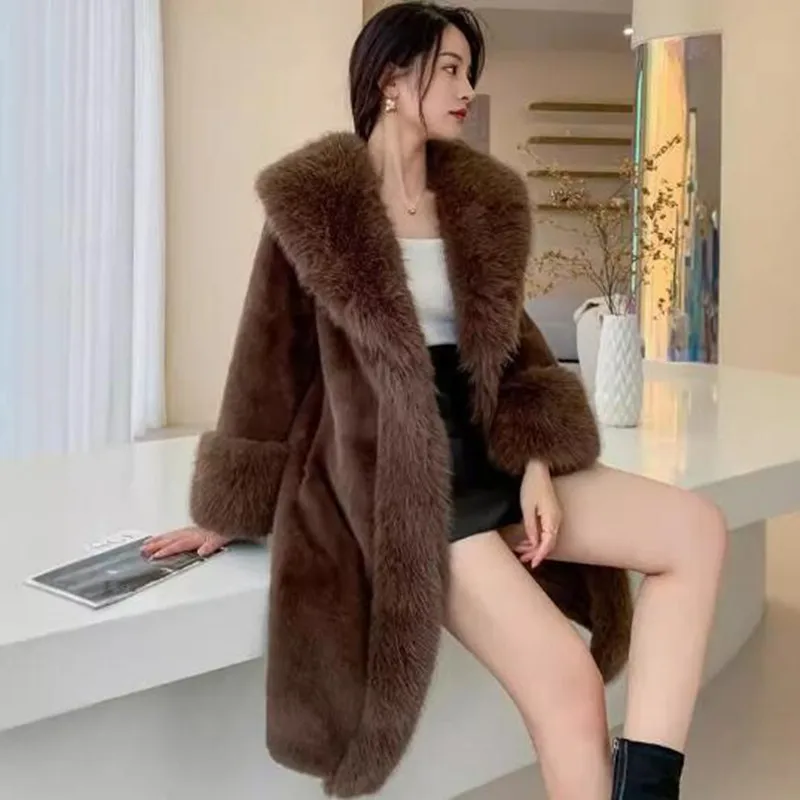 2024 new imitation mink fur fur one coat female imitation fox fur collar Ermine velvet medium long  high quality fur Clothes