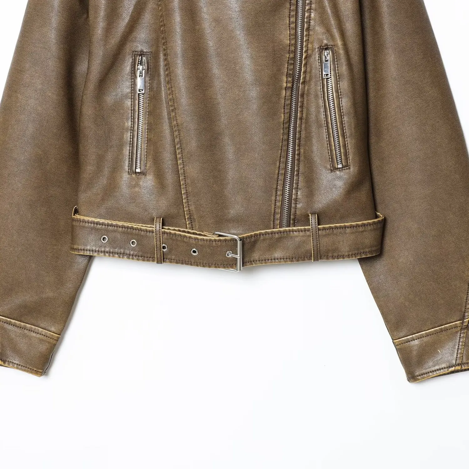 Faionable Simple Waing Belted Leather Jaet Coat Women's Autumn Winter New Arrival ZR Sle All-Match ort Outerwear