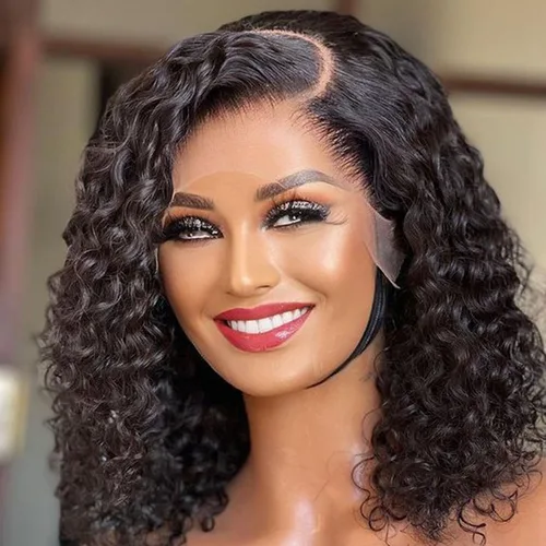 Imagen 2 del producto Pelucas delanteras de encaje ondulado con agua para mujer, peluca Bob con cierre brasileño, pelucas cortas frontales de encaje transparente 13x4, cabello humano prearrancado