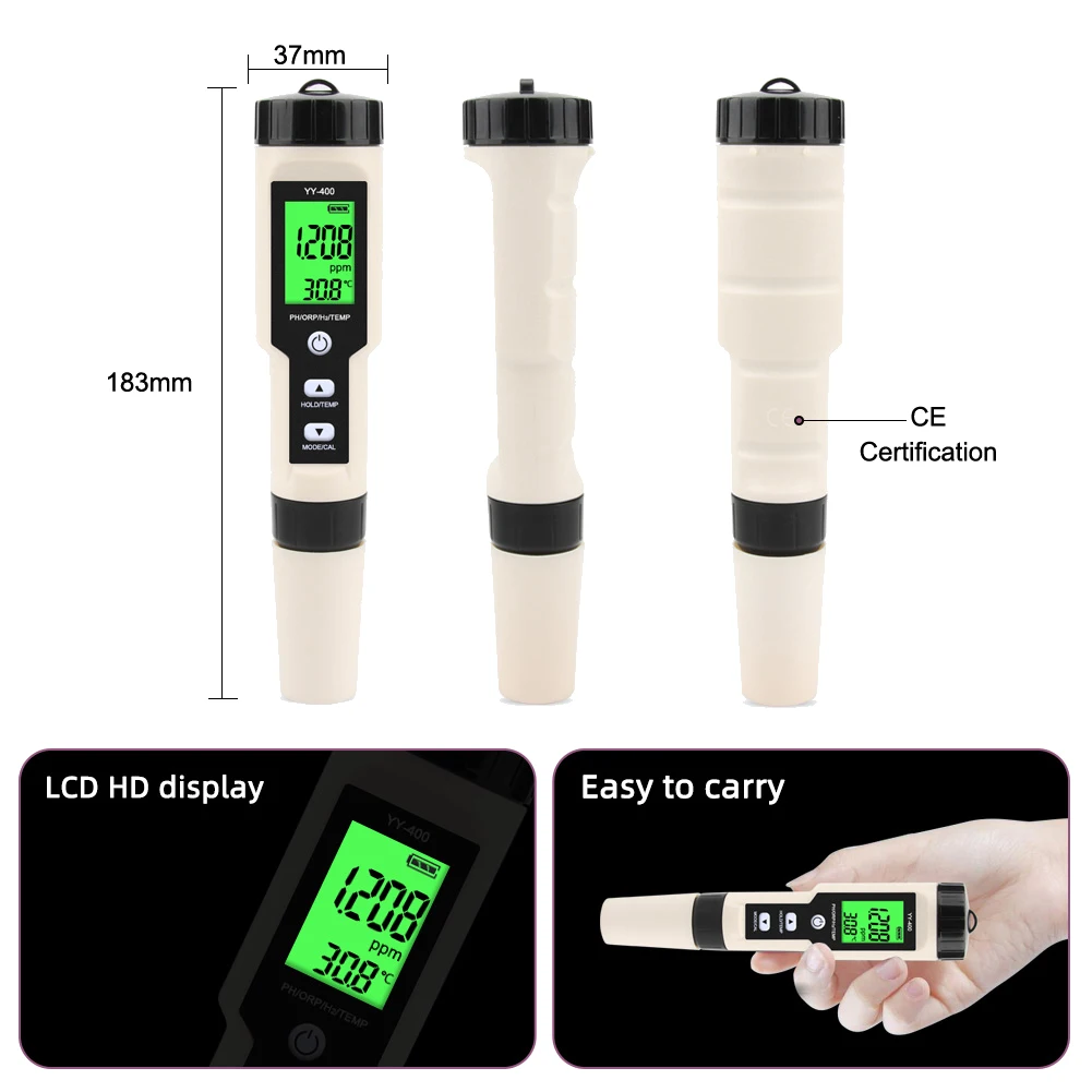 A39U 4 in 1 YY-400 PH/ORP/H2&TEM Meter Digital Hydrogen Ion Concentration Tester for Aquarium, Swimming Pool, Backlight