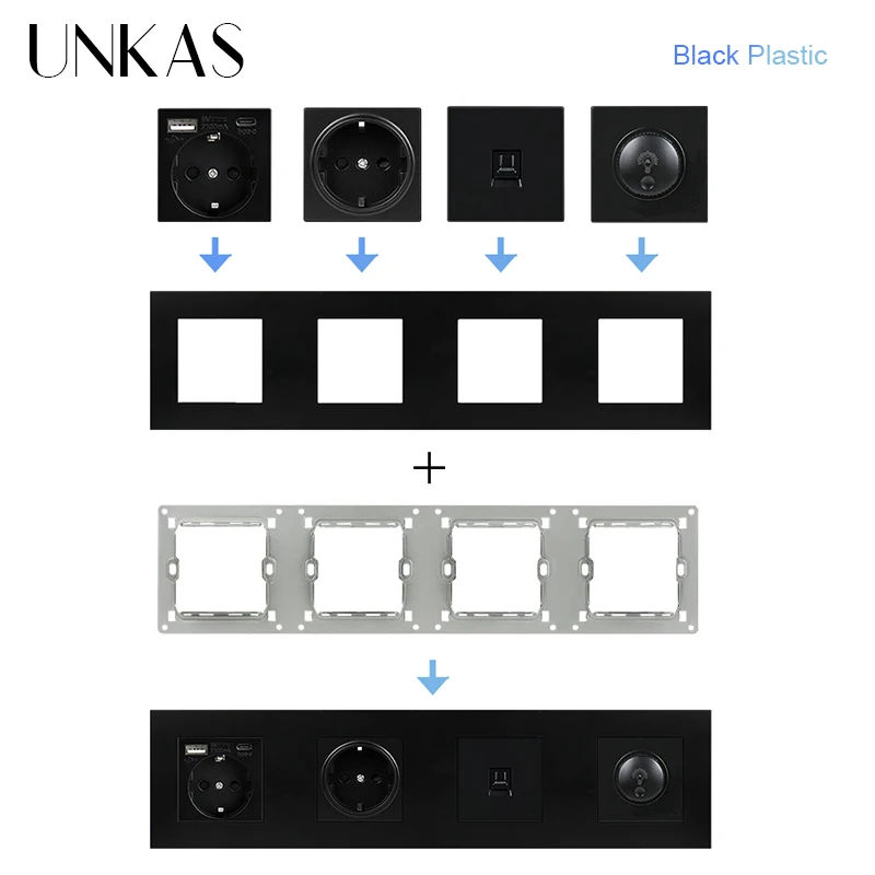 UNKAS DIY Parts Black Plastic Materials EU FR Univers For USB Wall Socket Insert Function Key Type-C Charge Port Part