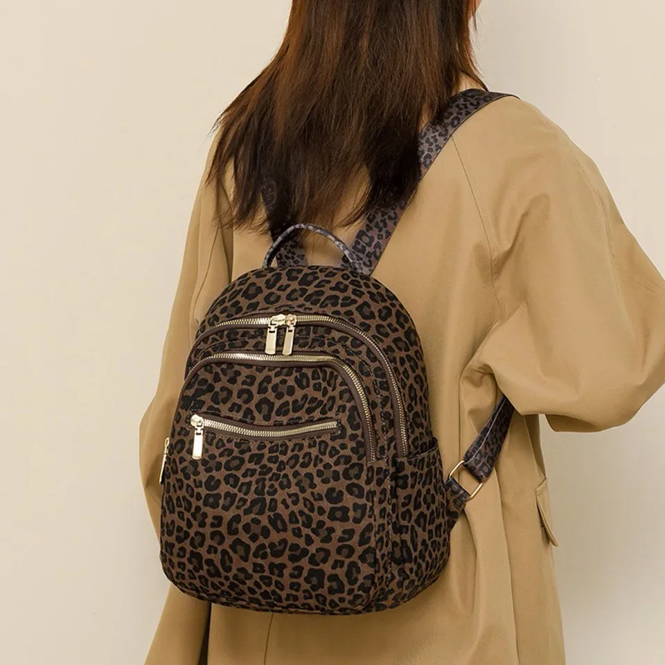 New Fashion Women Leopard Print Design Lady Canvas Zipper Shoulders Backpack Bag Woman Satchel Handle Travel Rucksack Luxury Bag