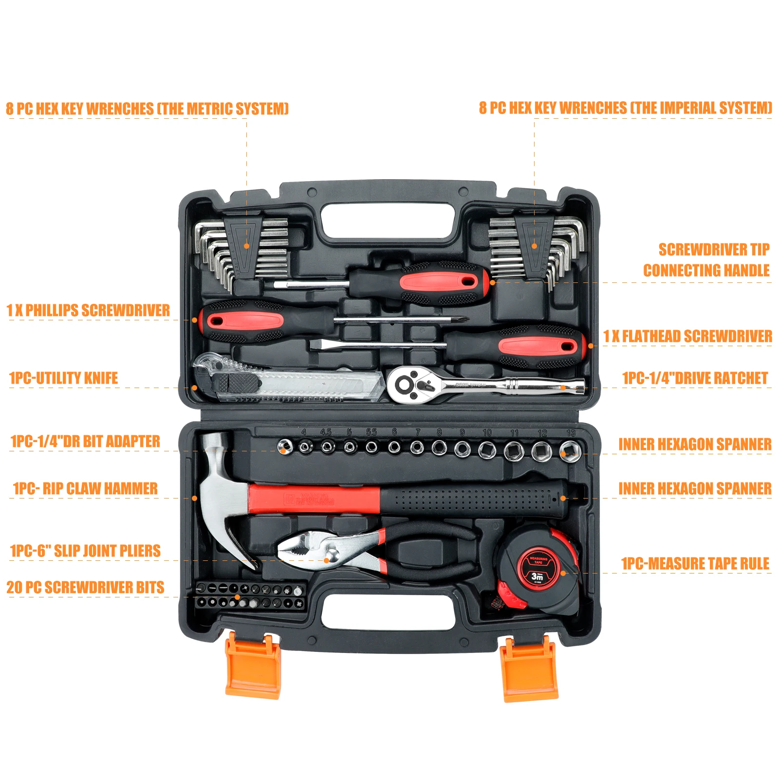 AIRAJ Tool Set 57 pezzi, Set di attrezzi per la casa e l'ufficio, Kit di attrezzi per la casa generali con strumenti fai da te adatti per la manutenzione quotidiana