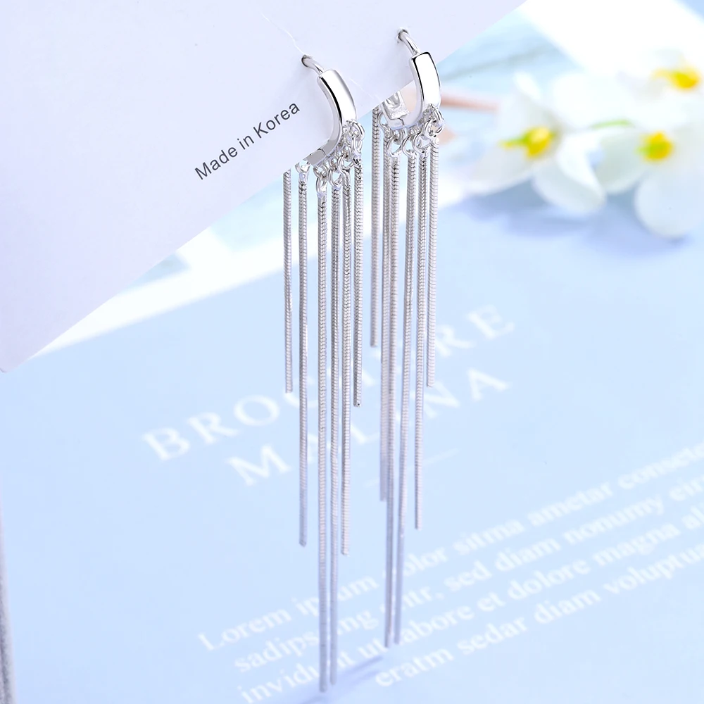 925 Sterling Silver Handmade Long Chain Tassel Love Heart Hoop Earrings For Women Oorbellen Aretes Creole Wedding Party Gift