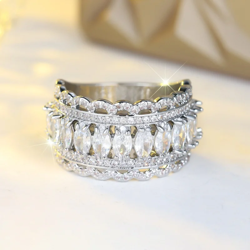 2026 New Luxury Ladder Horse Eye Zircon Ring, Light Luxury Temperament, Hollowed Out Lace, Attending Banquet Accessories