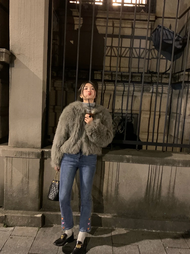 معطف فرو الثعلب الفضفاض للنساء، ملابس خارجية دافئة للشتاء بغطاء للرأس، لون رمادي، أكمام طويلة، ياقة مستديرة، أسلوب كوري عصري ...