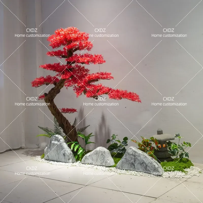 Large Artificial Red Maple Tree Fake Chicken Feet Maple Indoor Landscape Decoration for Window Staircase New Chinese Style