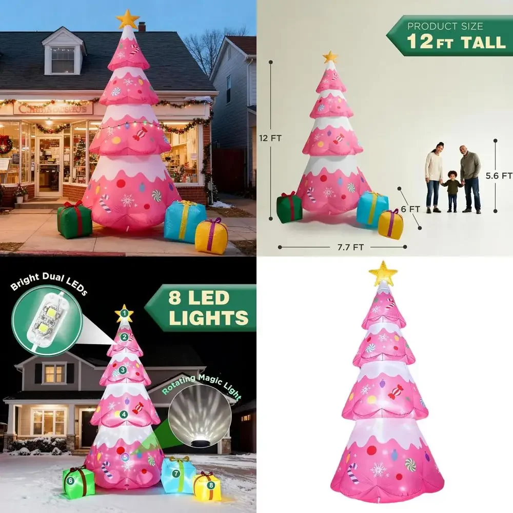 

12-Foot Candy-Themed Pink Inflatable Christmas Tree with Rotating Light Projection for Outdoor Holiday Decor