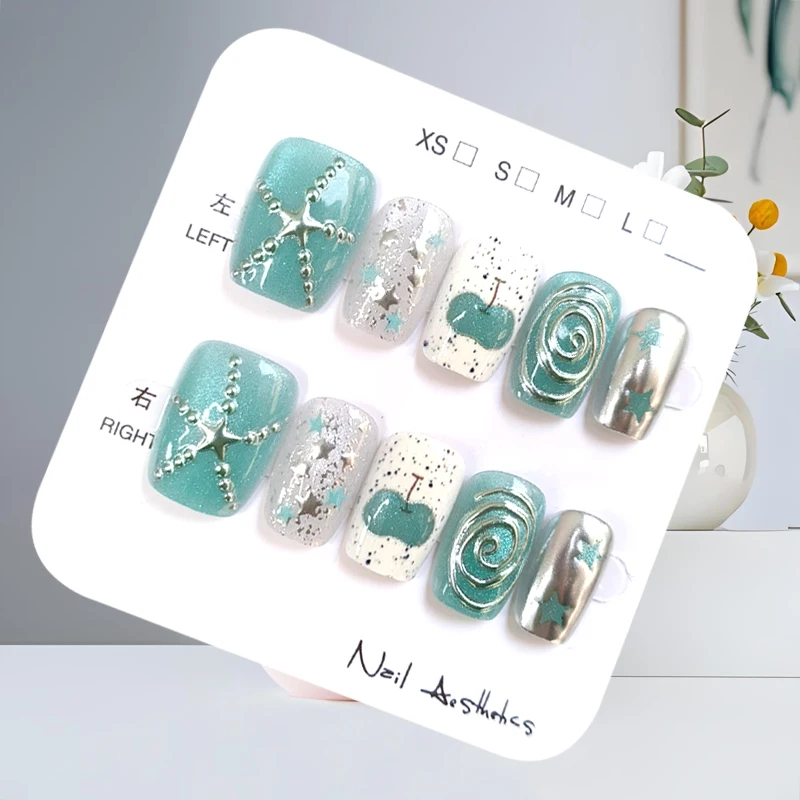 10 Pcs Cute Stars 3D Checkered Bowknot and Apples with Cat Eyes Simple All-match Nail Art Press on Nails Fake Nails Nail Sticker