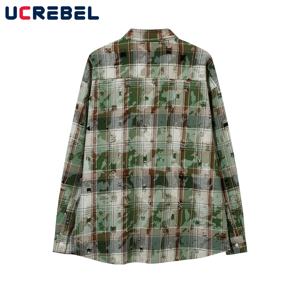 Pocket Plaid Long Sleeve Shirts Mens Ripped Retro High Street Autumn Curved Hem Loose Lapel Single Breasted Shirts Men