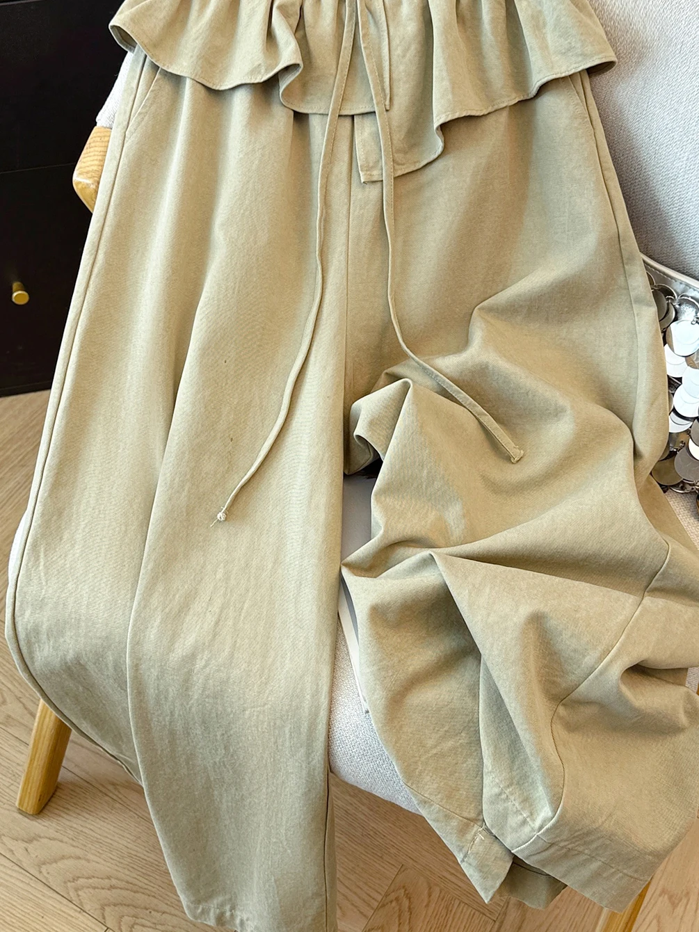 

Casual High Waist Wide Leg Pants Women's plus Size Korean Brand Elastic Waist Blade Shape Cargo Leisure Trousers with Pockets