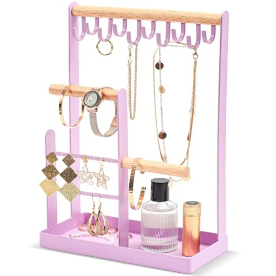 

Jewelry Stand Holder Organizer 4-Tier Necklace Holder with Ring Tray 10 Hooks Necklaces Hanging Small Jewelry Display Storage T